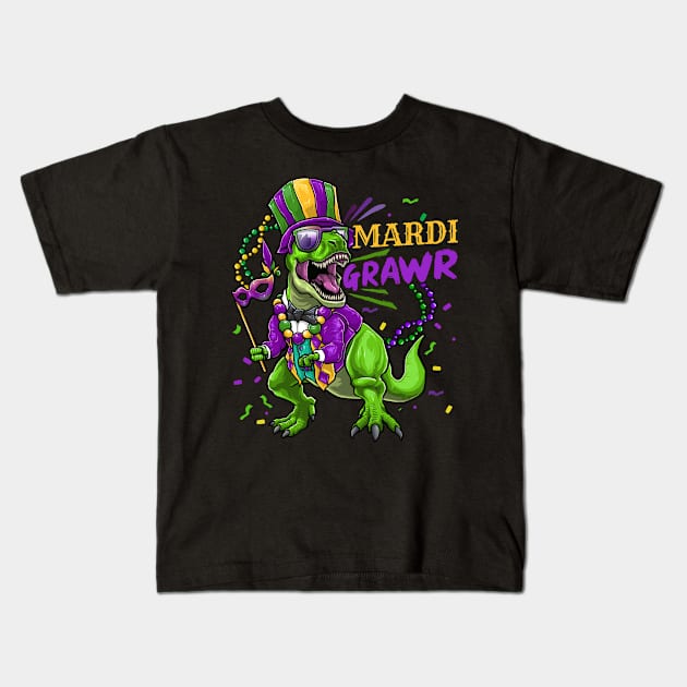 Mardi Gras Dinosaur T Rex Kids T-Shirt by KAWAIITEE